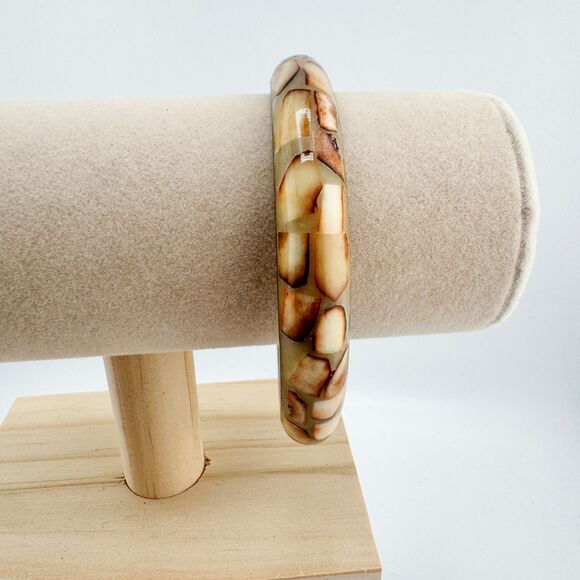 Vintage 1970s Mosaic Shell Inlay Bangle Brass Bracelet Boho Natural Earth Tone - Picture 5 of 10